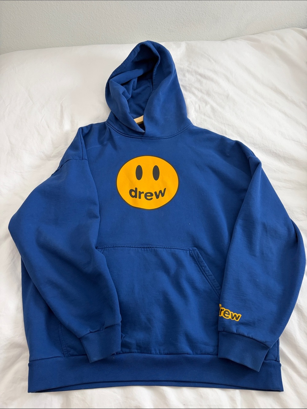 drew house Men's Blue Crewneck Hoodie with Yellow Smile Logo